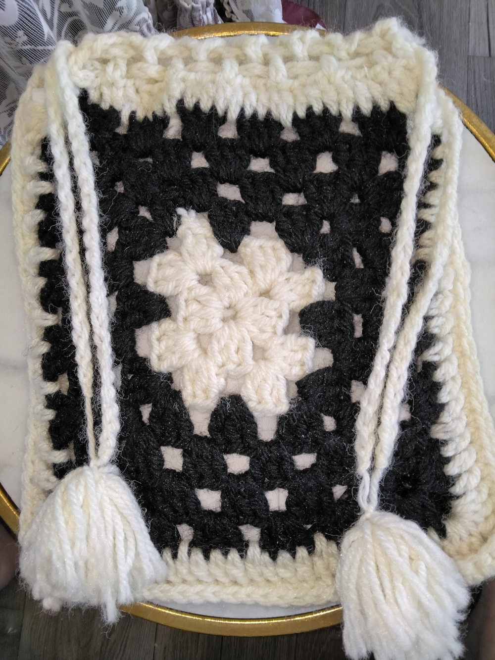 Handmade Crochet Granny Square Bag in Black & Cream with Tassels